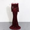 Sequin Dress Feather Off Shoulder Long Sleeve Mermaid Evening Gown