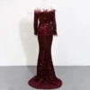 Sequin Dress Feather Off Shoulder Long Sleeve Mermaid Evening Gown
