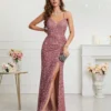 Womens Sequin Bodycon Evening Dress Spaghetti Strap V-Neck High Slit