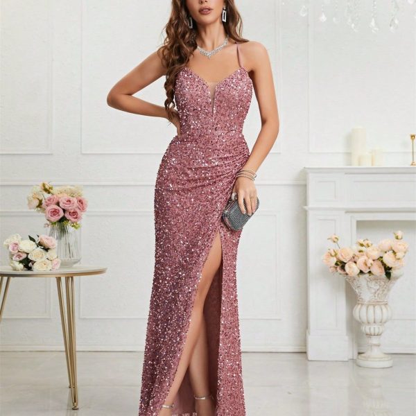 Womens Sequin Bodycon Evening Dress Spaghetti Strap V-Neck High Slit