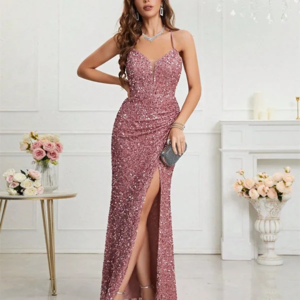Womens Sequin Bodycon Evening Dress Spaghetti Strap V-Neck High Slit