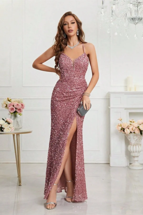 Womens Sequin Bodycon Evening Dress Spaghetti Strap V-Neck High Slit