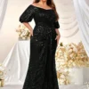 Plus Size Sequin Dress V-Neck Half Sleeve Slim Flowy Evening Gown