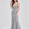 Elegant Deep V-Neck Evening Dress Gown with Embroidered Sequins