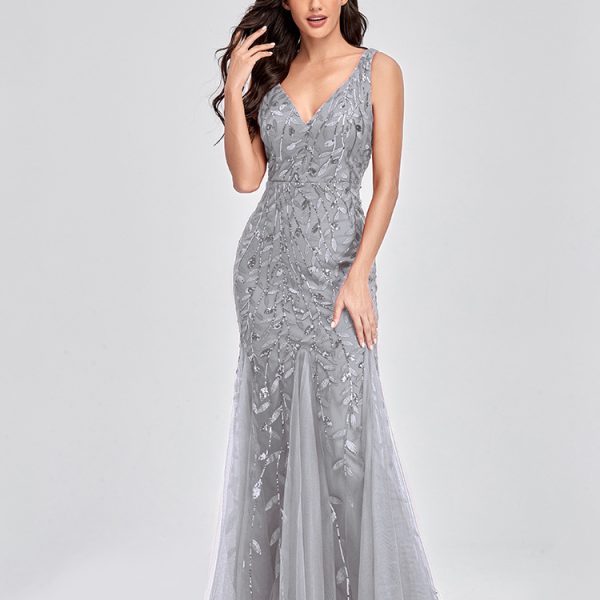 Elegant Deep V-Neck Evening Dress Gown with Embroidered Sequins