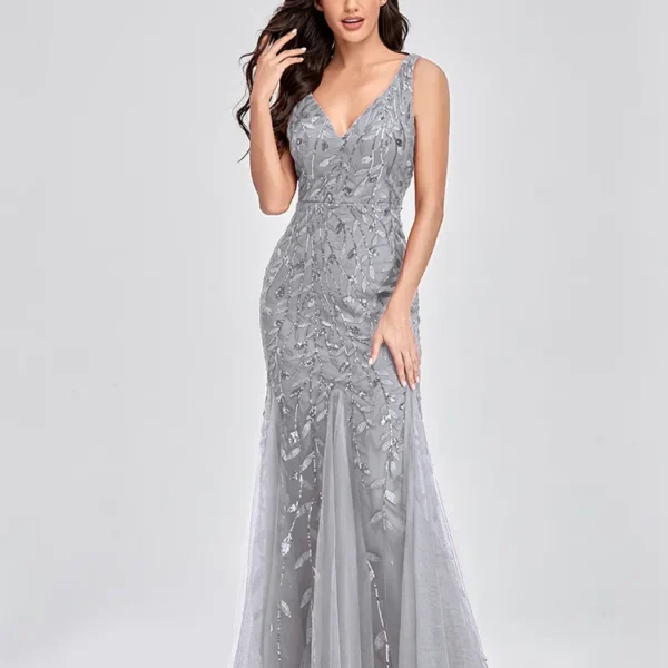 Elegant Deep V-Neck Evening Dress Gown with Embroidered Sequins