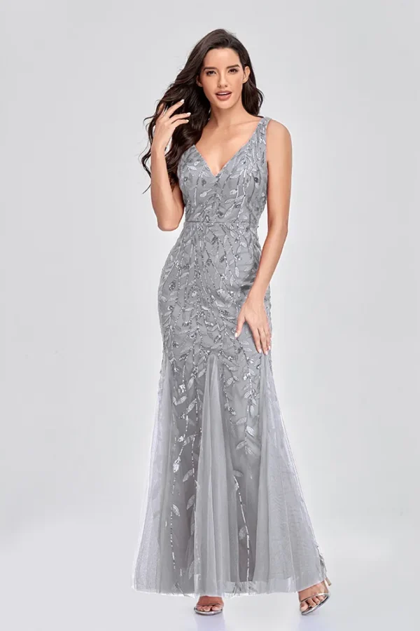 Elegant Deep V-Neck Evening Dress Gown with Embroidered Sequins