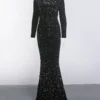 Long Sleeve Sequin Stretch Velvet Mermaid Evening Dress