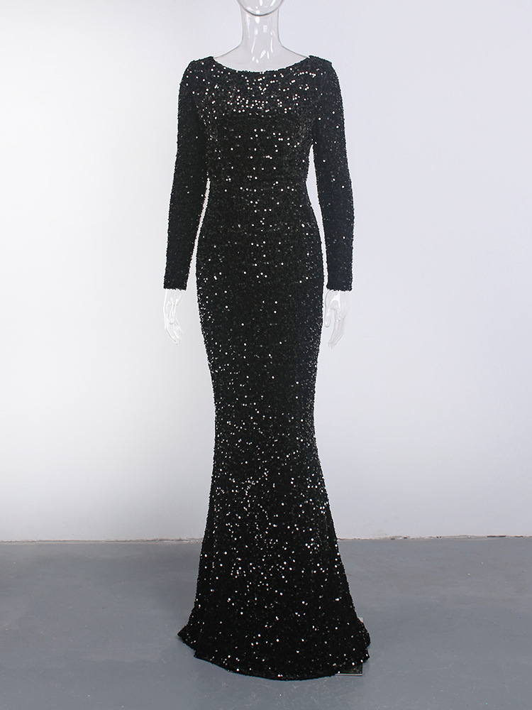 Long Sleeve Sequin Stretch Velvet Mermaid Evening Dress