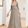 Sequin Evening Dress Women Long Sleeve V-Neck Elegant Maxi Gown
