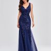 Womens Summer Mermaid Evening Gown Deep V-Neck Sleeveless Tulle Sequin Embroidered Dress