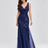 Elegant Deep V-Neck Evening Dress Gown with Embroidered Sequins