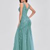 Womens Summer Mermaid Evening Gown Deep V-Neck Sleeveless Tulle Sequin Embroidered Dress