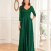 Sequin V-Neck Long Sleeve Satin Evening Gown Plus Size