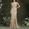 Sequin Evening Dress Sleeveless Draped Neckline Slit Maxi Elegant