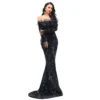 Sequin Dress Feather Off Shoulder Long Sleeve Mermaid Evening Gown