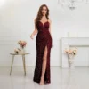Womens Sequin Bodycon Evening Dress Spaghetti Strap V-Neck High Slit