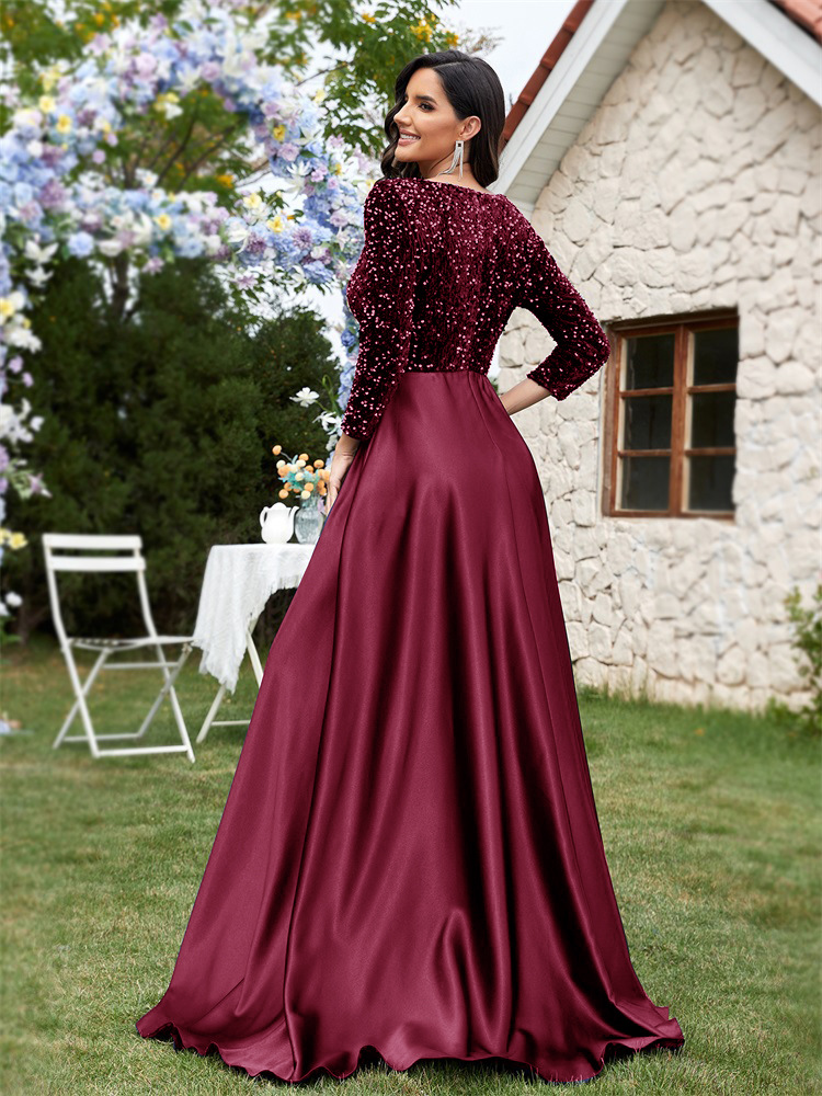 Plus Size V-neck Sequin Dress Velvet Long Sleeve Evening Gown
