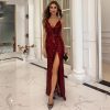 V-Neck Sequin Strap Backless High Slit Maxi Party Dress