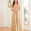 Sequin V-Neck Long Sleeve Satin Evening Gown Plus Size