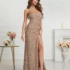 Womens Sequin Bodycon Evening Dress Spaghetti Strap V-Neck High Slit