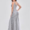 Womens Summer Mermaid Evening Gown Deep V-Neck Sleeveless Tulle Sequin Embroidered Dress