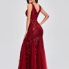 Womens Summer Mermaid Evening Gown Deep V-Neck Sleeveless Tulle Sequin Embroidered Dress