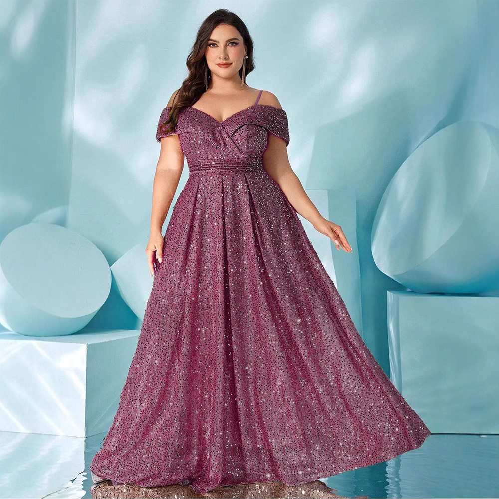 Plus Size Velvet Sequin Spaghetti Strap Evening Gown 2025 Summer Slimming Dress