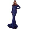 Sequin Dress Feather Off Shoulder Long Sleeve Mermaid Evening Gown