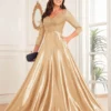Sequin V-Neck Long Sleeve Satin Evening Gown Plus Size
