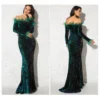 Feather Off-Shoulder Sequin Velvet Stretch Mermaid Evening Party Dress