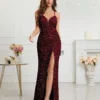 Womens Sequin Bodycon Evening Dress Spaghetti Strap V-Neck High Slit