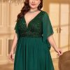 Elegant Plus Size V-Neck Sequin Chiffon Maxi Evening Dress