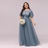 Women Plus Size Elegant Sequin Embroidery Short Sleeve Tulle Evening Gown Dress