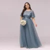 Women Plus Size Elegant Sequin Embroidery Short Sleeve Tulle Evening Gown Dress