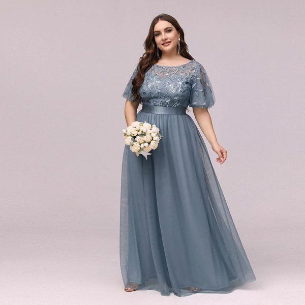 Women Plus Size Elegant Sequin Embroidery Short Sleeve Tulle Evening Gown Dress