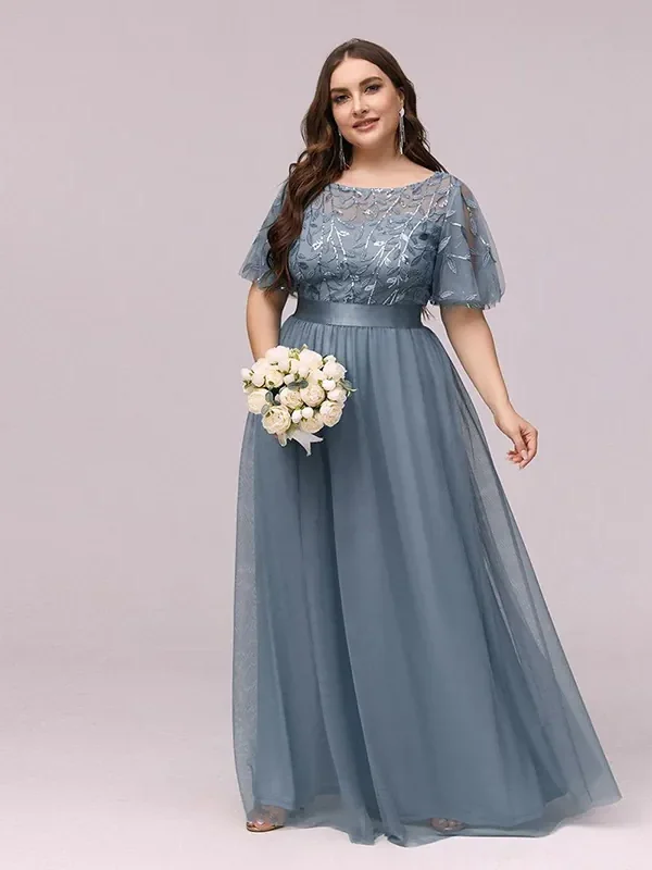 Women Plus Size Elegant Sequin Embroidery Short Sleeve Tulle Evening Gown Dress