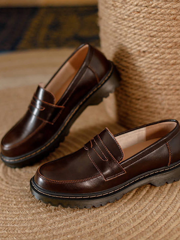 Womens Retro Round Toe Leather Loafer Flats Shoes Slip On Casual All Season
