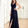 Womens Elegant Sequin Evening Cocktail Dress Deep-V Asymmetric Slit Slim