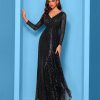 Sequin Long Sleeve V-Neck Elegant Maxi Evening Gown Women Dress