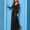 Sequin Long Sleeve V-Neck Elegant Maxi Evening Gown Women Dress
