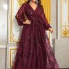 Plus Size Sequin V-Neck Lantern Sleeve High Waist Maxi Evening Dress
