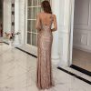 V-Neck Sequin Strap Backless High Slit Maxi Party Dress