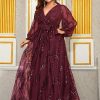 Plus Size Sequin V-Neck Lantern Sleeve High Waist Maxi Evening Dress
