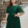 Women Plus Size Elegant Sequin Embroidery Short Sleeve Tulle Evening Gown Dress