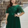 Women Plus Size Elegant Sequin Embroidery Short Sleeve Tulle Evening Gown Dress