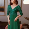 Plus Size Sequin Evening Dress Deep V-Neck 3/4 Sleeve Floor-Length Party Gown