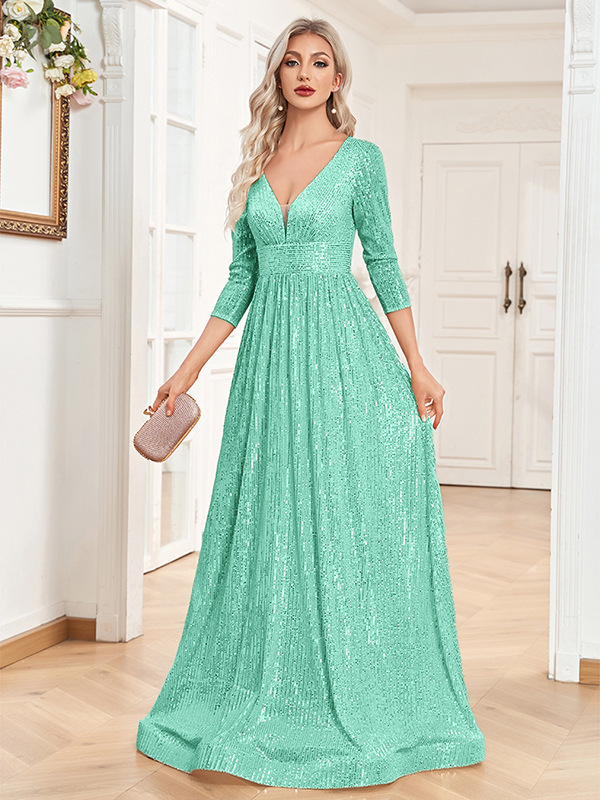 Sequin Evening Dress Women Long Sleeve V-Neck Elegant Maxi Gown