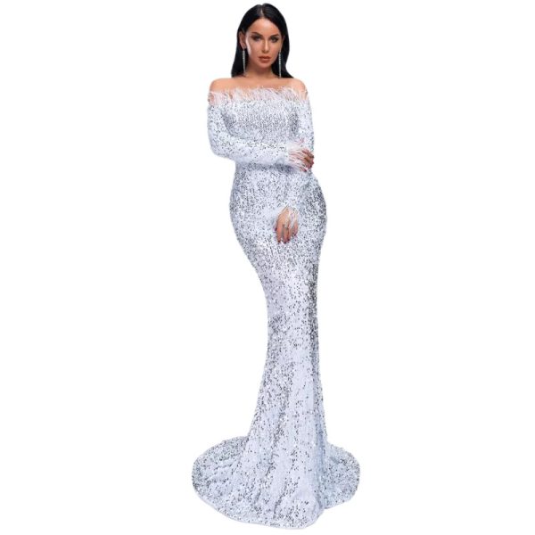 Sequin Dress Feather Off Shoulder Long Sleeve Mermaid Evening Gown
