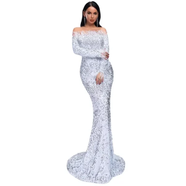Sequin Dress Feather Off Shoulder Long Sleeve Mermaid Evening Gown